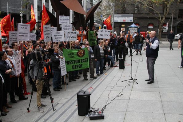 RTBU Tram and Bus Division secretary Phil Altieri addresses the rally outside the Yarra Trams head office