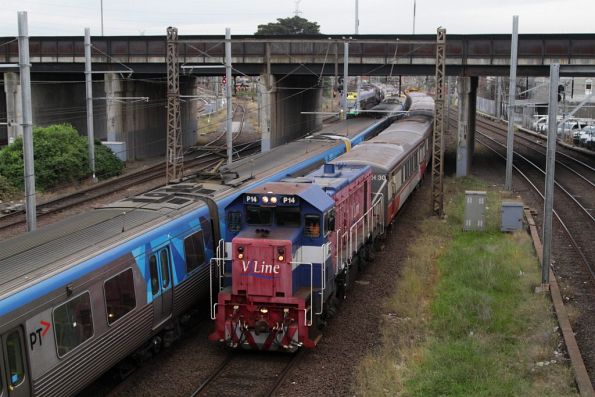 P14 leads a push-pull service into North Melbourne station platform 3