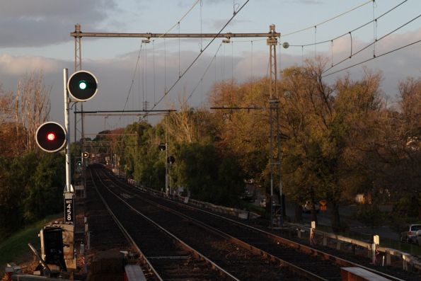 New signal NKT458 at the up end of Newmarket station among those commissioned as part of the resignalling of the area