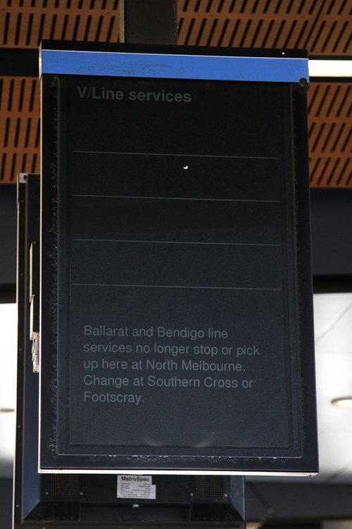 Empty V/Line services board at North Melbourne, now that Geelong, Ballarat and Bendigo services all bypass the station!