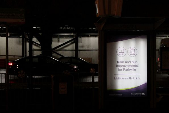 'Moving Victoria' poster on Flemington Road in Parkville - spruiking the Melbourne Rail Link project and increased bus and tram services