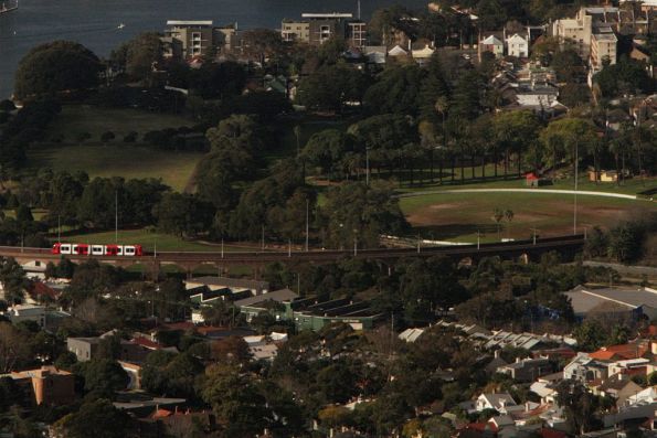 Urbos 2 LRV in the Transport for NSW livery, crossing the Wentworth Park viaduct in Lilyfield