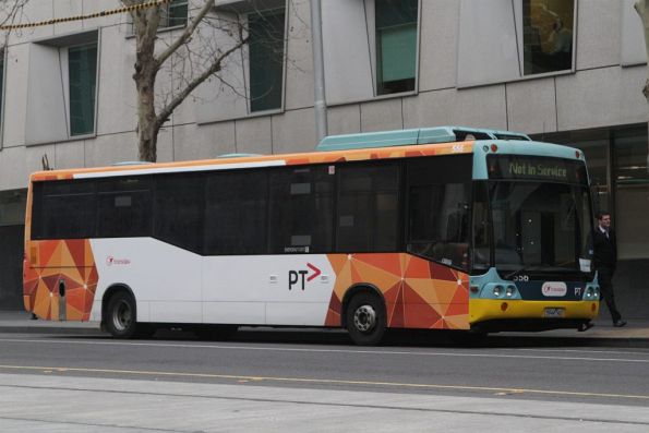 Transdev bus #556 rego 5944AO with the PTV 'shard' livery partially applied