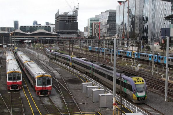 VLocity VL18 and classmate head into Southern Cross platform 8 via the new Country Bypass track