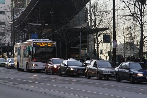 Route 237 stuck in traffic on Collins Street outside Southern Cross Station