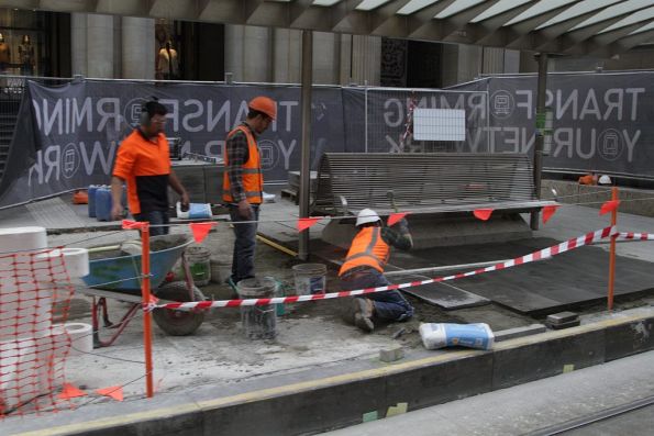 Platform stop works at the west end of the Bourke Street Mall