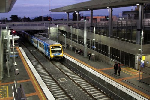 Citybound X'Trapolis train passes through Mitcham station without stopping