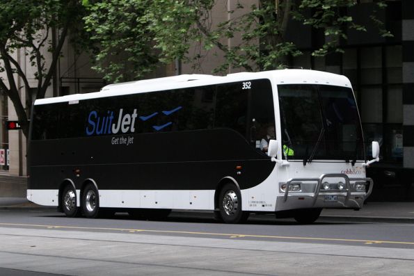 'SuitJet' liveried Cobb and Co coach #352 rego 9054AO at William and Little Collins Street