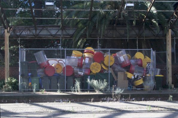 Now redundant rubbish bins stored in the 'Milk Dock' at Flinders Street