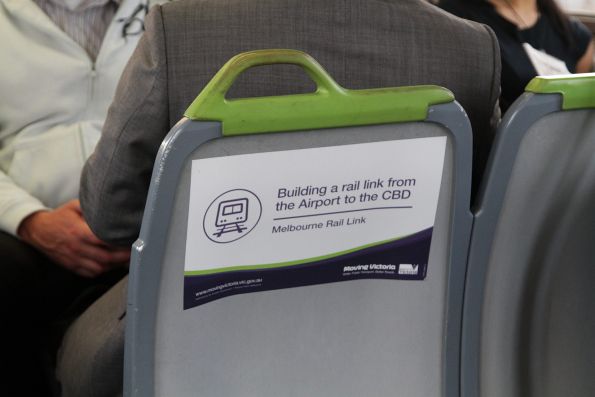 'Moving Victoria' propaganda stickers on the back of train seats, spruiking the Melbourne Rail Link project 