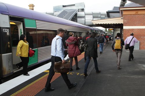 Passengers depart a V/Line service at Footscray, so they can change to a City Loop service