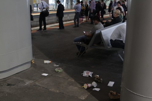 Rubbish litters the platforms now that the bins have been taken away