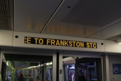 'Service to Frankston stopping all stations' displayed on the PIDS of a X'Trapolis train