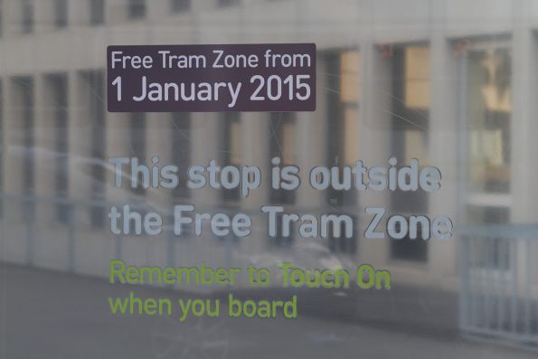 'Free Tram Zone from 1 January 2015' and 'This stop is outside the Free Tram Zone' notice outside Parliament Station