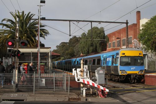 Alstom Comeng 597M departs Prahran station with an up Sandringham service