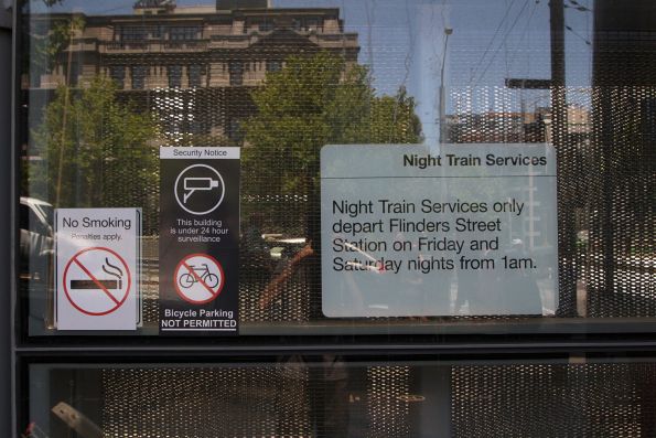 'Night Trains Services only depart Flinders Street Station' notice at the entrance to Southern Cross Station