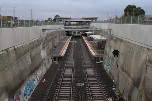 Looking down the line towards the sunken platforms at Mitcham station