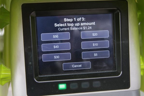 New Myki QT device - step 1 of the top up workflow, selecting a dollar value