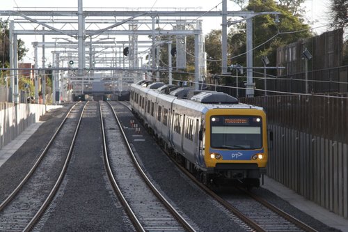 X'Trapolis 183M approaches the newly rebuilt low level station at McKinnon with a down Frankston service