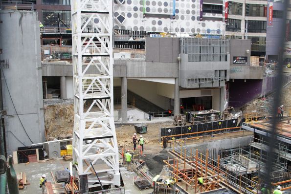 Looking south across the Aurora Melbourne Central construction site to La Trobe Street and Melbourne Central station