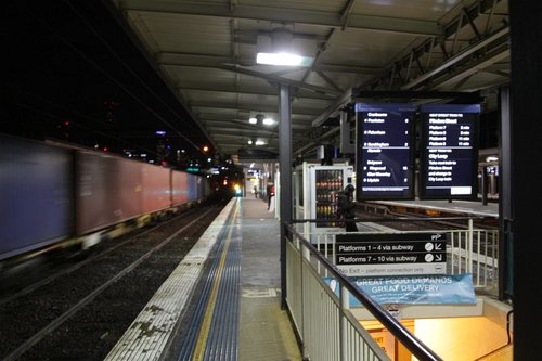 80 foot container wagons roll through Richmond station on the down Maryvale freight