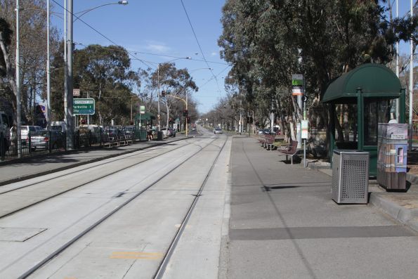 Tram stop on the reserved track at Sydney Road and Brunswick Road