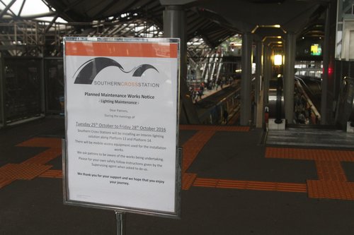 Notice that a 'interim lighting solution' will be installed at Southern Cross platforms 13 and 14