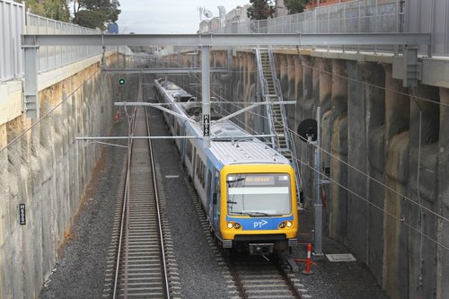 X'Trapolis train midway between Blackburn and Nunawading on a down Belgrave service