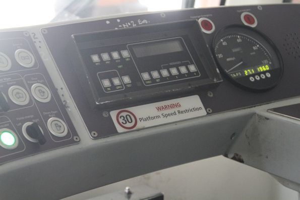 'Warning: 30 km/h platform speed restriction' notice on the dashboard of a D1 class tram 