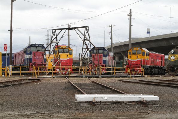 V/Line's retired locomotives P16, P15, P18 and P12 stabled around the broad gauge turntable at South Dynon