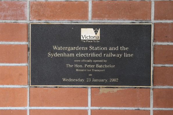 Plaque marking the opening of Watergardens station and the electrified Sydenham line 