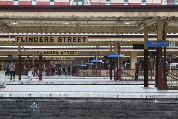 Looking across 10 empty platforms at Flinders Street Station