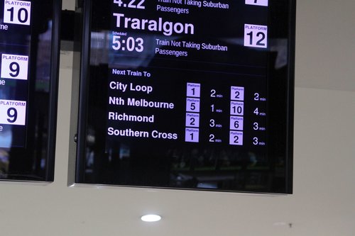 Next trains to City Loop, North Melbourne, Richmond and Southern Cross are listed on the screens at Flinders Street Station