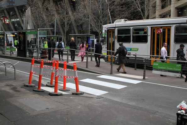 Western end of the Southern Cross Station tram stop on Collins Street being converted into a pedestrian crossing