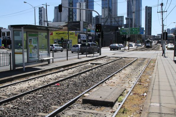 Sand covers the tracks at a tram stop on Kings Way and York Street