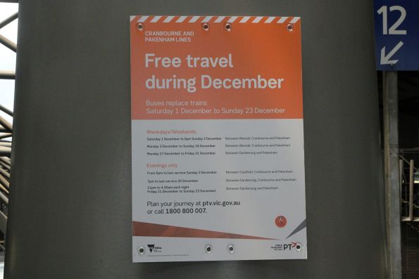 'Free travel during December' poster for Pakenham and Cranbourne line passengers at Southern Cross Station