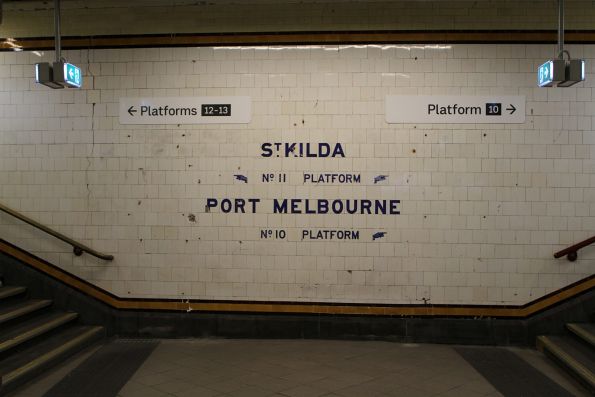 New platform signage at the west end of the Centre Subway at Flinders Street Station