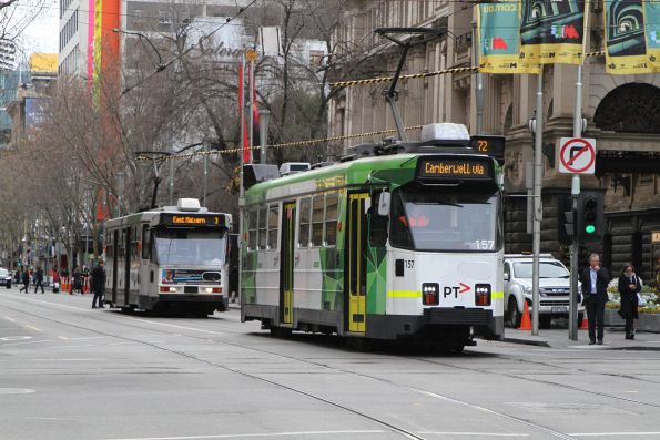 Z3.157 heads south on route 72 with A1.255 on route 3 at Swanston and Collins Street