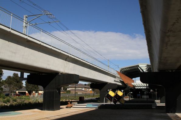 Down end of Hawkstowe station, viaducts pass over public space