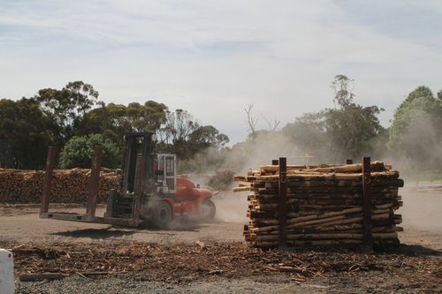 Forklift moves the empty log cradle for reloading