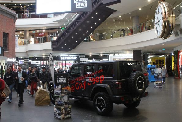 Main entrance to Melbourne Central station blocked by a City Jeep car display