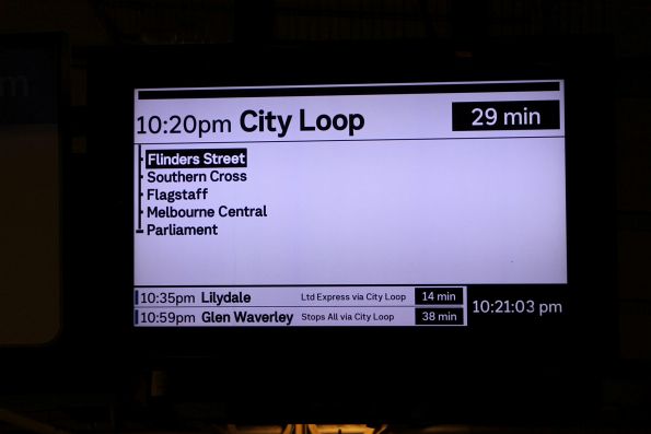 'City Loop' train on the PIDS at Flinders Street Station platform 3