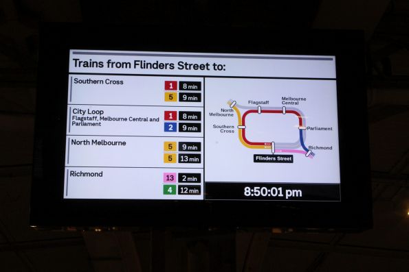 Redesigned 'Trains from Flinders Street to' screen on the platform at Flinders Street