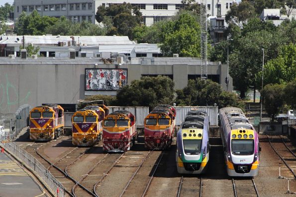 N455, N452, N470, N472, VLocity VL22 and VL80 stabled at Dudley Street