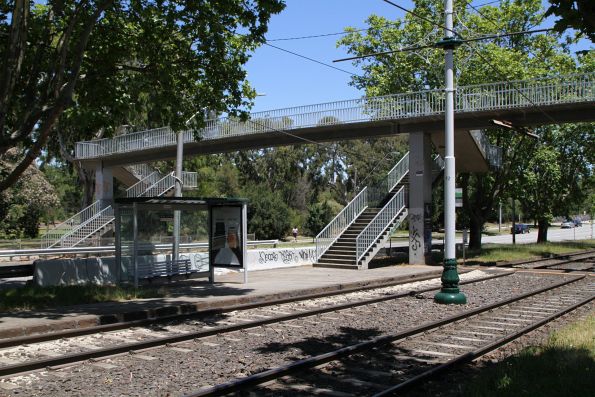 Footbridge provides the only pedestrian access to the Hornby Street tram stop in the middle of Dandenong Road, Windsor 