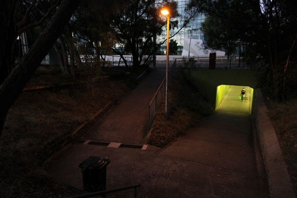 Southern entry to the Burwood Highway pedestrian underpass leading to the Deakin University tram stop