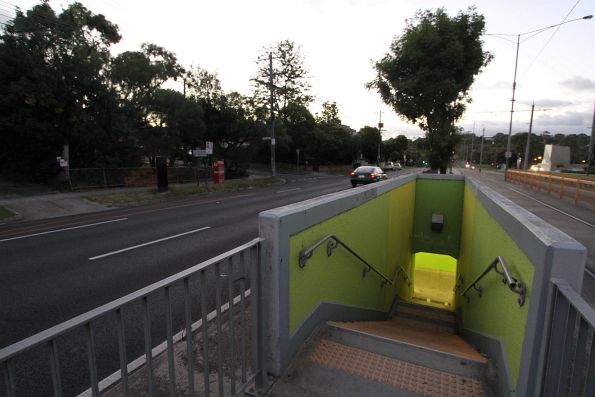 Single set of steps down the Deakin University tram stop to the Burwood Highway pedestrian underpass