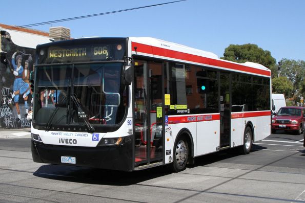 Moonee Valley Coaches bus #90 2264AO on route 506 along Glenlyon Road at Lygon Street