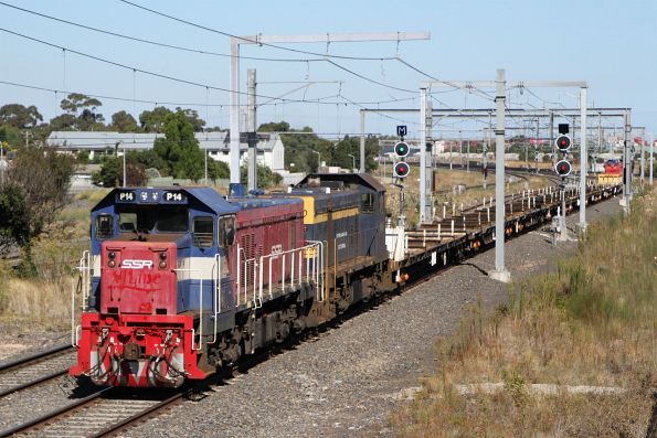 P14 leads T395 push-pull with P18 on an empty rail train at Sunshine