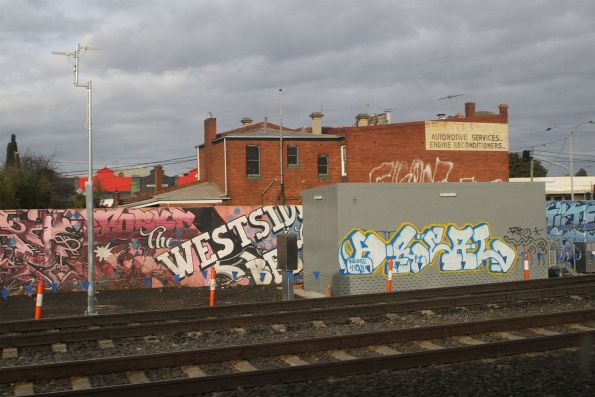 Signal equipment room and Trackside Radio Assembly tilt mast lineside at Middle Footscray